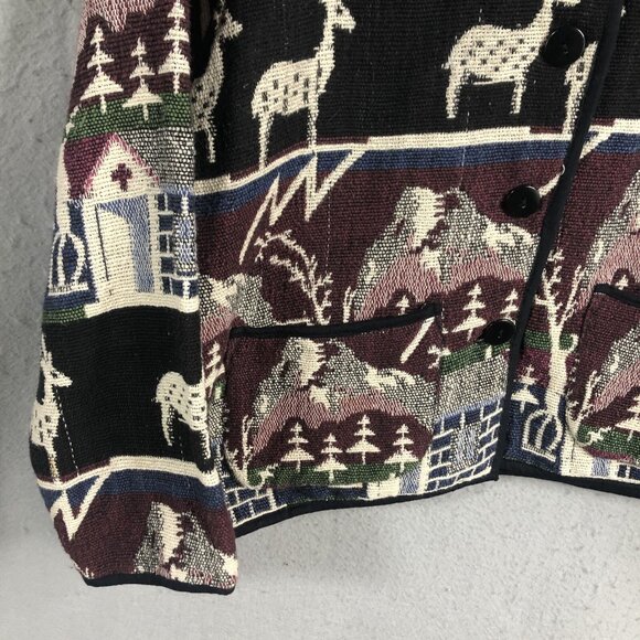Jane Ashley Jacket Womens Medium Tapestry Mountain Scene Reindeer Pines Church - Picture 16 of 16